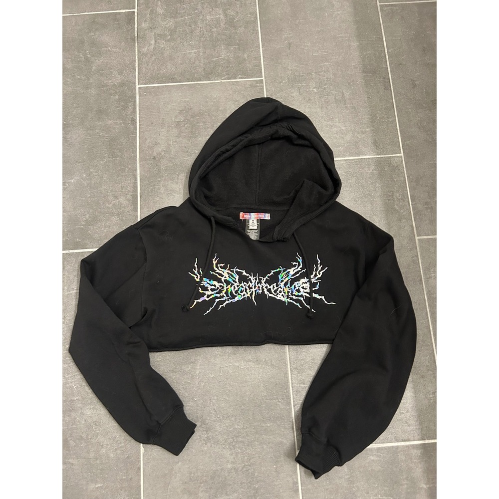 Urban Outfitters Black Cropped Hoodie Cyber Sigilism Holographic Graphic M